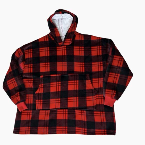 Blanket Hoodie Red Plaid Fleece Oversized Pullover Sweatshirt Sleeves Comfy Soft - Picture 6 of 9